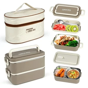 Box Adult Lunch Box Portable Insulated Lunch Containers Set 2 Tier Stackable Sta - Picture 1 of 7