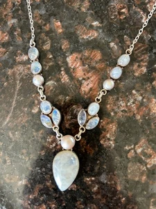 Opal & Pearl Choker pendant necklace 925 Silver  delicate - Picture 1 of 4