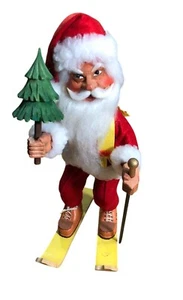 Folk Art Carved Santa Wooden Claus Skiing Poles Christmas Tree Holiday Decor VTG - Picture 1 of 15