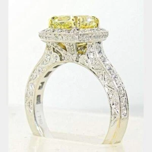 2.96CT.Natural Fancy Yellow Cushion Diamond 18KG Diamond Halo Ring. GIA Cert. - Picture 1 of 5