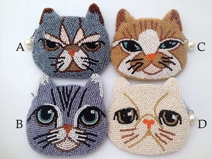 Pussy-Cat Design Bead Embroidery Zipper Coin Purse - Picture 1 of 5