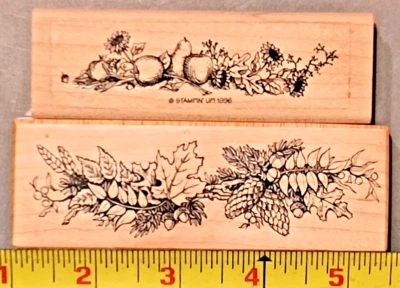 AUTUMN BORDER GARLAND 2 Wood/Rubber Stamps Fall leaves pine cones acorns harvest Foto 1 de 4