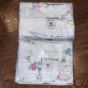 Set lenzuola vintage JCPenney floreali full size piatto Laurie blu rosa fiori NOS - Foto 1 di 5