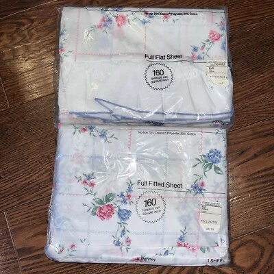VTG JCPenney Floral Sheet Set Full Size Flat Fitted Laurie Blue Pink Flowers NOS - Image 1 of 4