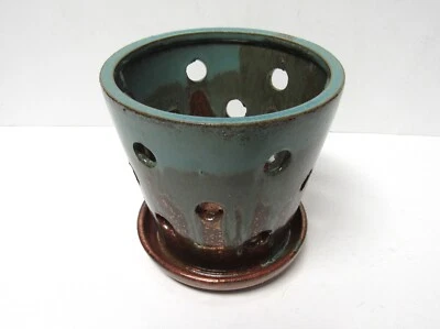 Olla para orquídeas de 5,5" de cerámica esmaltada verde azulado y cobre por goteo con platillo adjunto - NUEVA Foto 1 de 4