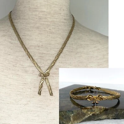 Gold Vermeil Sterling Silver 925 Italy Bow Herringbone Necklace & Bracelet Set - Image 1 of 4