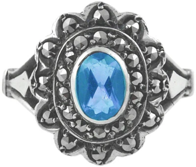 Aquamarine And Marcasite Victorian Style Cocktail Ring 925 Sterling Silver - Image 1 of 4