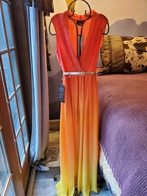 NUEVO CON ETIQUETAS BEBE Maxi Vestido Talla 2 XS Ombre Baile de graduación Amarillo Naranja Glam Vestido Foto 1 de 4