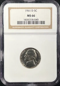 1961 D Jefferson Nickel 5C - NGC MS66 - High Grade - 0065 - Picture 1 of 3
