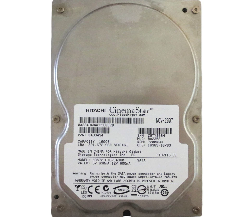 Hitachi HCS721616PLA380 0A33494 BA2358 (Z9T) China 160gb Sata 3.5" HDD NOV-2007 - Image 1 of 1