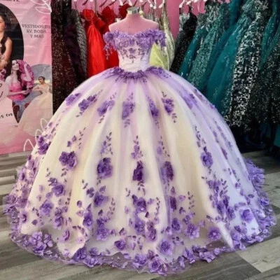 Off The Shoulder Quinceanera Dresses 3D Flowers Applique 16 Birthday Party Gowns - Image 1 of 4