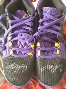 LEBRON JAMES 23 LOS ANGELES LAKERS SIGNED 1 PAIR OF PURPLE/GOLD RETRO NIKE SHOES - Picture 1 of 14