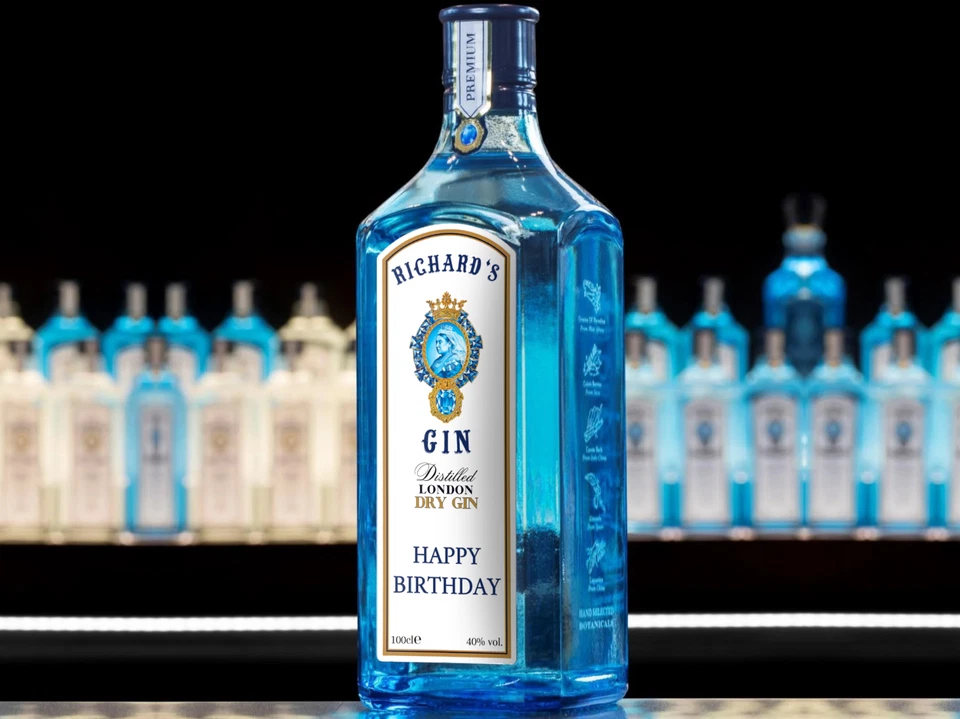 Personalised Gin Label Sticker Bombay Sapphire Birthday Custom Name Novelty Gift - Image 1 of 2