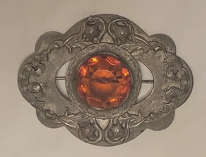 Vintage Large Glass Brooch Pin Unsigned Amber Coat, Cape Pin Art Nouveau C Clasp - Picture 1 of 4