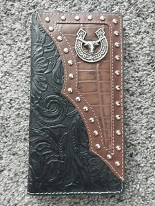 Western Bifold Wallet Black Checkbook Leather Longhorn Bull Rider Wallet New - Picture 1 of 21