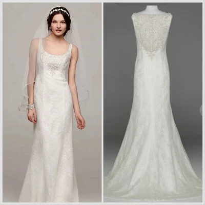 Davids Bridal Style MK3535 Size 14 Ivory NWT Tank Lace Illusion Back Sweep Train - Image 1 of 4