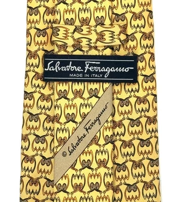 Salvatore Ferragamo Tie - Rare - Yellow w/ Brown Owls 100% Silk Made in Italy - Image 1 of 4