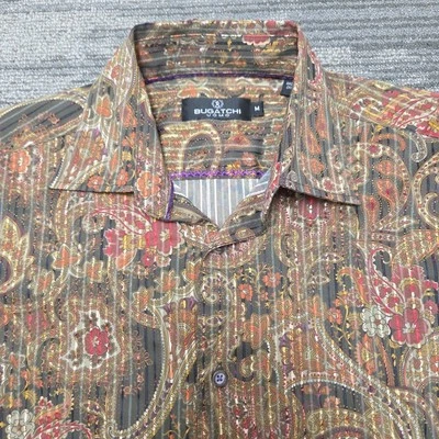 Bugatchi Uomo Shirt Mens M Brown Paisley Floral Button Up Long Sleeve Viscose - Image 1 of 4