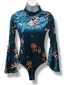 Rainbow brand Bodysuit Vintage Womens Medium Velvet Blue Floral Flare Sleeve - Picture 1 of 10