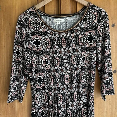 Max Studio Shift Dress Large Black Floral Stretch 3/4 Sleeve Geometric Office - Image 1 of 4