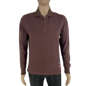 SINGLY Men Brown Diamond Striped 100% Cotton Long Sleeve Polo Shirt Size M - Picture 1 of 12