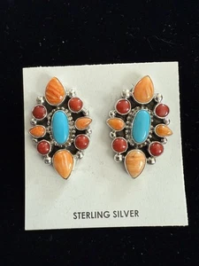 Navajo Sheila Tso Spiny Oyster , Coral, Turquoise Earrings Sterling Silver Post - Picture 1 of 4