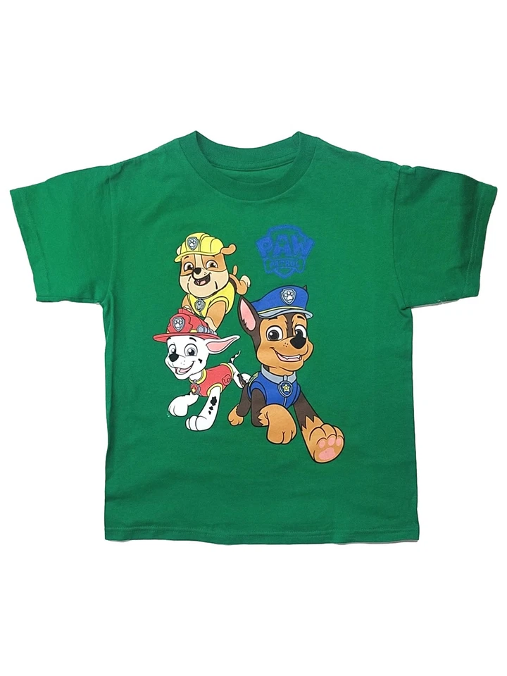 Paw Patrol Boys Green Short Sleeve Chase, Marshal & Rubble Tee Shirt T-Shirt 7 - Image 1 of 1