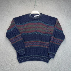 Geoffrey Beene Sweater Mens Large Blue Green Geometric Cable Knit Jumper Vintage - Picture 1 of 10