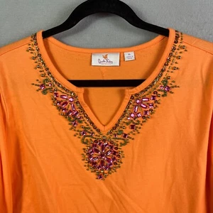 Quacker Factory Top Women XL Orange Pullover Ribbed Knit Beaded Sweater - Picture 1 of 16