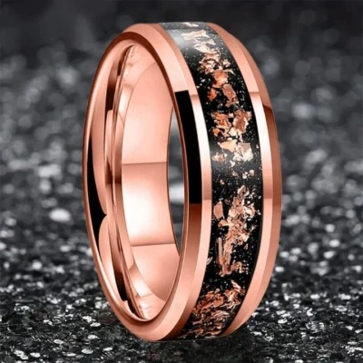 Anillo de carburo de tungsteno de 8 mm para hombres y mujeres con incrustaciones de lámina de oro rosa anillo de ajuste cómodo Foto 1 de 4