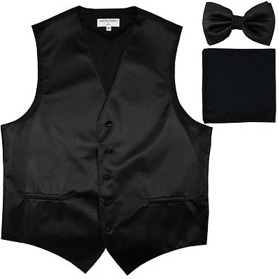 New Men's Horizontal Stripes Tuxedo Vest Waistcoat_bowtie & Hankie Black formal - Image 1 of 4