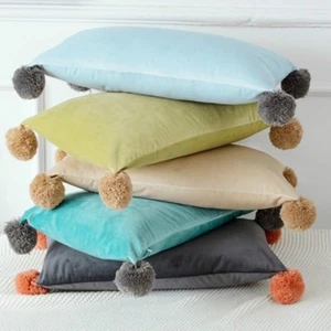 Throw Pillow Case Cushion Cover Pom Pom Velvet Fluffy Furry Sofa Decor Soft Chic - Picture 1 of 11