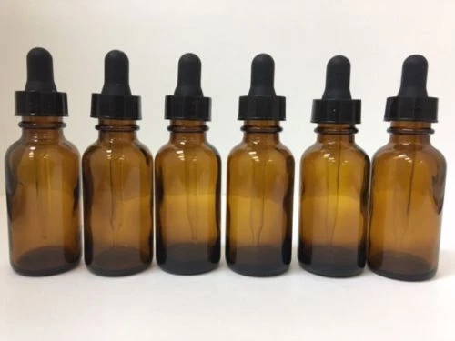 GPS 1oz AMBER BOSTON ROUND GLASS BOTTLES WITH GLASS DROPPERS 30ML- 6 PACK