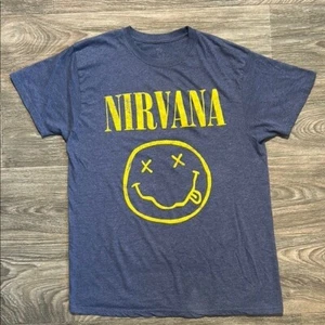 Nirvana  Large Smiley Face Blue Yellow Unisex Shirt T-Shirt Band Tee Kurt Cobain - Picture 1 of 6