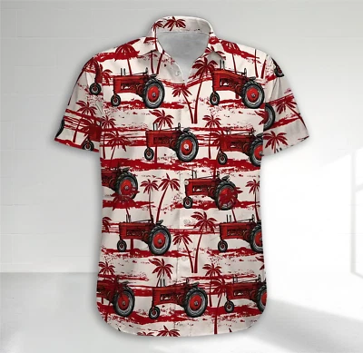 Camisa Hawaiana Tractora Roja Palmera, Camisa Hawaiana Granjero - Patrón Tractores Rojos Foto 1 de 4