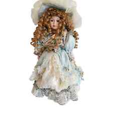 Vintage Victorian Style Porcelain Doll Curly Hair Blue White Lace Dress