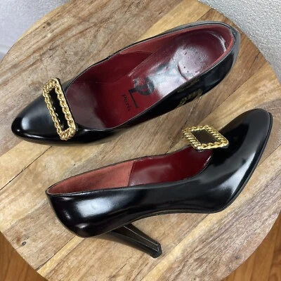 Vintage l 70s 7M YSL Paris Tailored Black Patent Leather Gold Chain Buckle Heels - Image 1 of 4