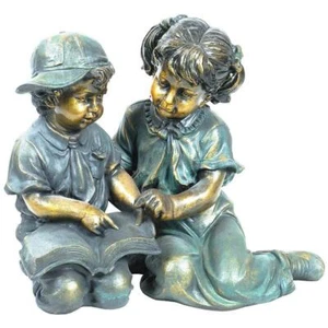 Alpine Corporation Statue Set Yard Art Weatherproof Decoration Girl+Boy Reading - Picture 1 of 7