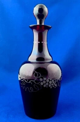ANTIQUE BOHEMIAN RUBY GLASS DECANTER w/ ENGRAVED GRAPES & VINES 8 1/2” Tall - Image 1 of 4