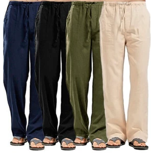 Herren Leinenhose Freizeit Lose Kordelzug Stoffhose Sommer Fitness Jogginghosen - Bild 1 von 26