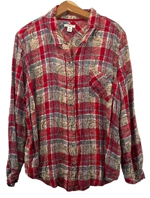 Westbound Woman Button Shirt 2X Plus Red Plaid Paisley Floral Rayon Boho Casual - Image 1 of 4
