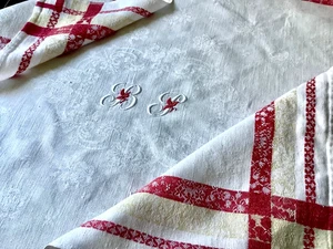 Antique French Damask  Napkins Set of Three (3)  Red Border Monogram  BJ Roses - Picture 1 of 10