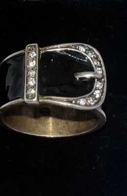 Vintage 925 Sterling Silver Black Onyx Inlay CZ Buckle Ring Size 7.5 - Image 1 of 4