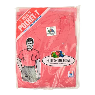 Vtg 1987 Fruit of the Loom Mens L Pocket T-Shirt Raspberry Red Pink NOS Made USA - Image 1 of 3