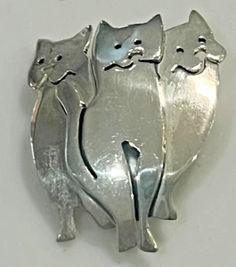Vintage weit hergeholte Sterling Silber Brosche drei Katzen Handarbeit Mexiko 1980er - Bild 1 von 10