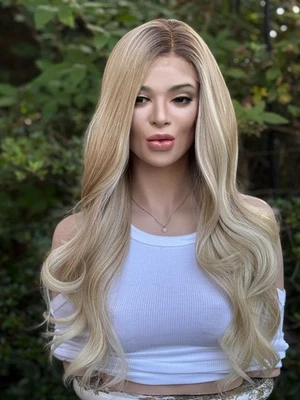 Human Hair Blend Lace Front Wig | Baby Blonde Balayage | Hand-Tied Free Part - Image 1 of 4