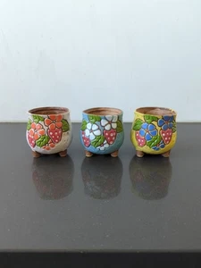 3 Vintage Hand Painted Ceramic Mini Planter Earth Tones Flower Strawberry M51 - Picture 1 of 10