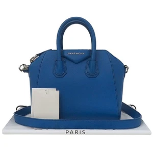GIVENCHY BB05114012 Goatskin Blue Leather Antigona Mini Size Silver Logo Tote Ba - Picture 1 of 6