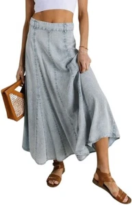 Women Vintage Long Denim Skirt Flowy Big Hem Slouchy Washed Jean Skirt - Picture 1 of 12