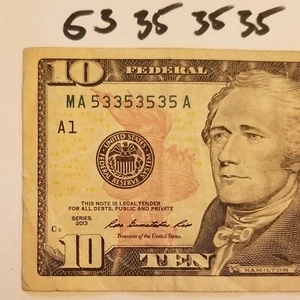 Binary Super Repeater $10 Ten Dollar US 53 35 Serial Number FRB Boston 2013 Note - Picture 1 of 4